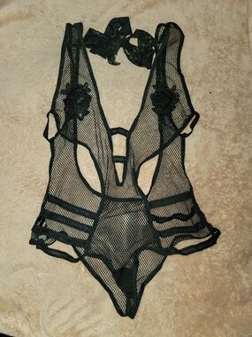 Black Mesh Lace Applique Halter Teddy